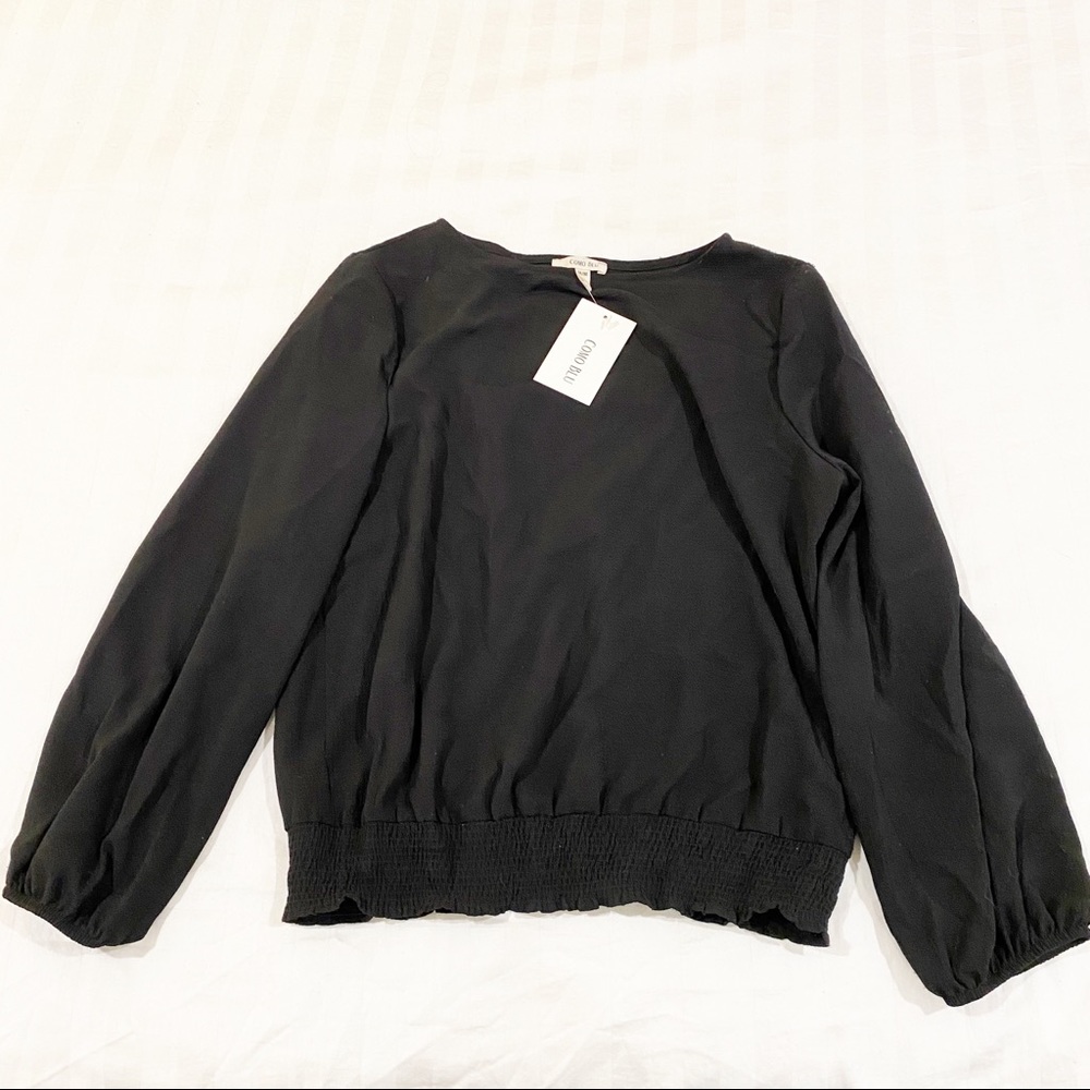 Como Blu Black Smocked-Hem Long Sleeve Blouse NWT Size M